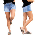 Double-button high waist light blue raw edge denim shorts women's elastic looseslimming look hot pants summer cross-border easiest for matchjeans