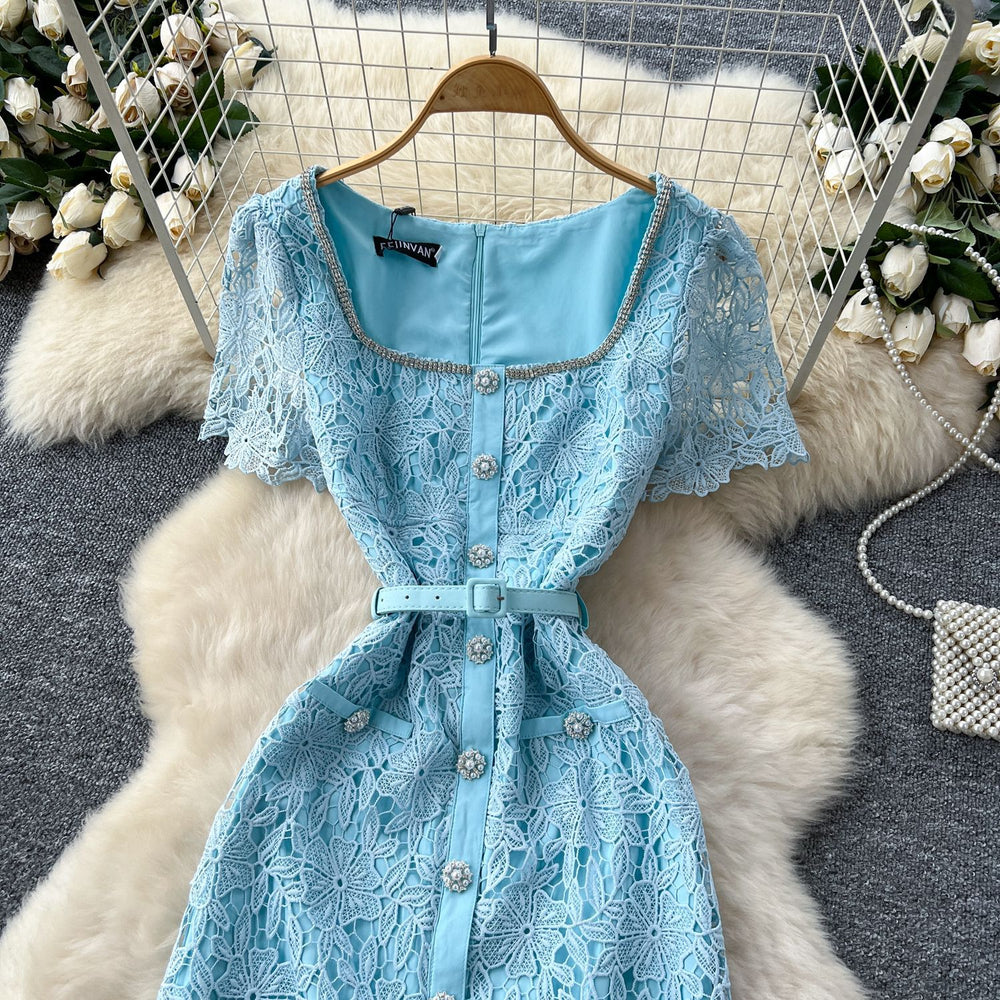 French chic high-end embellished square neck short sleeve lace dress - women's summer slim fit maxi dress