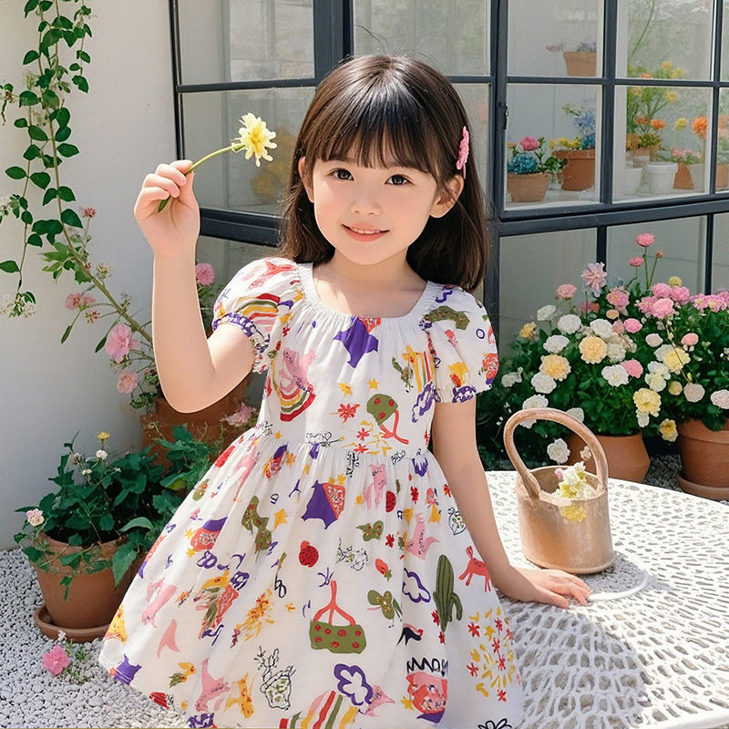 Girls' summer floral dress - trendy bubble sleeve sundress for kids - stylish cartoon print dress