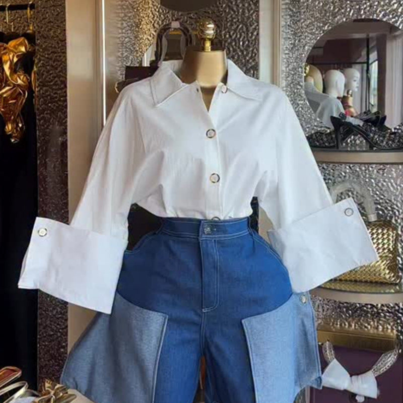 European and american cross-border women's fashion:  summer new arrival - stylish turn-down collar, unique design, versatile solid color blouse
