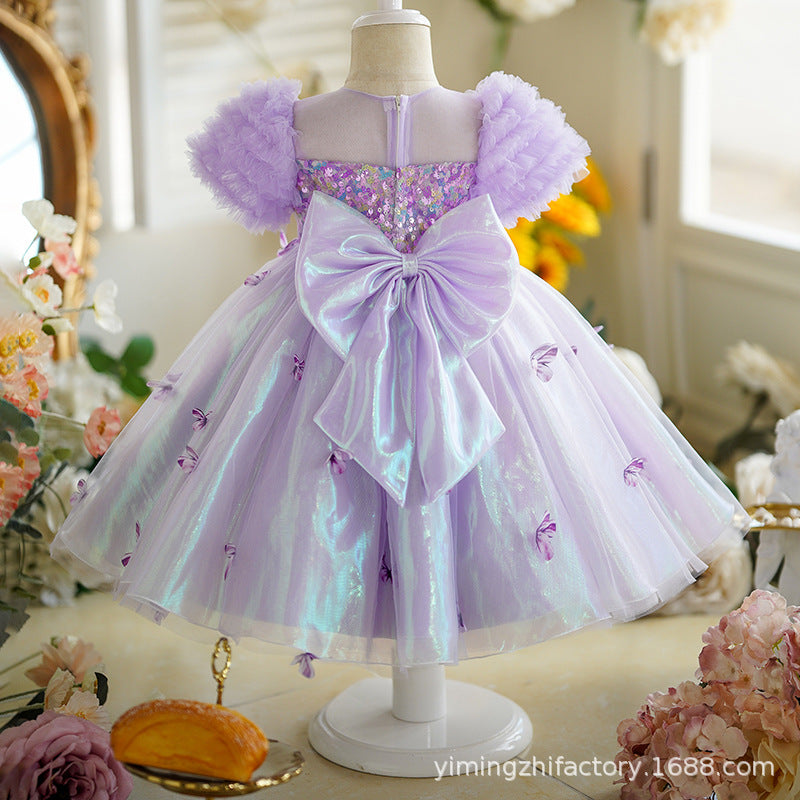 Rainbow girl's dress - new style first birthday baby dress with 3d butterfly back, bubble sleeves, and sequin detail
