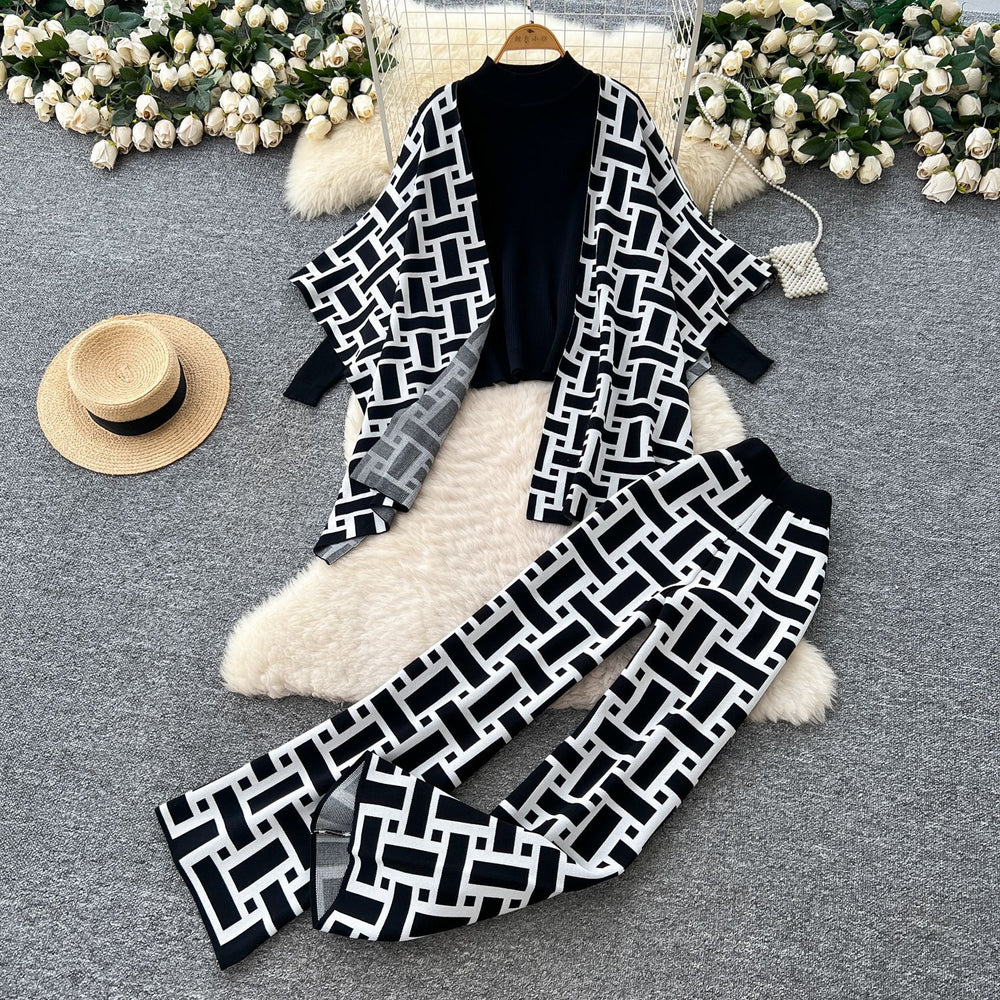 Lazy style casual three-piece set for women  winter loose outer shawl outwear inner bottom knitting shirt loose pants