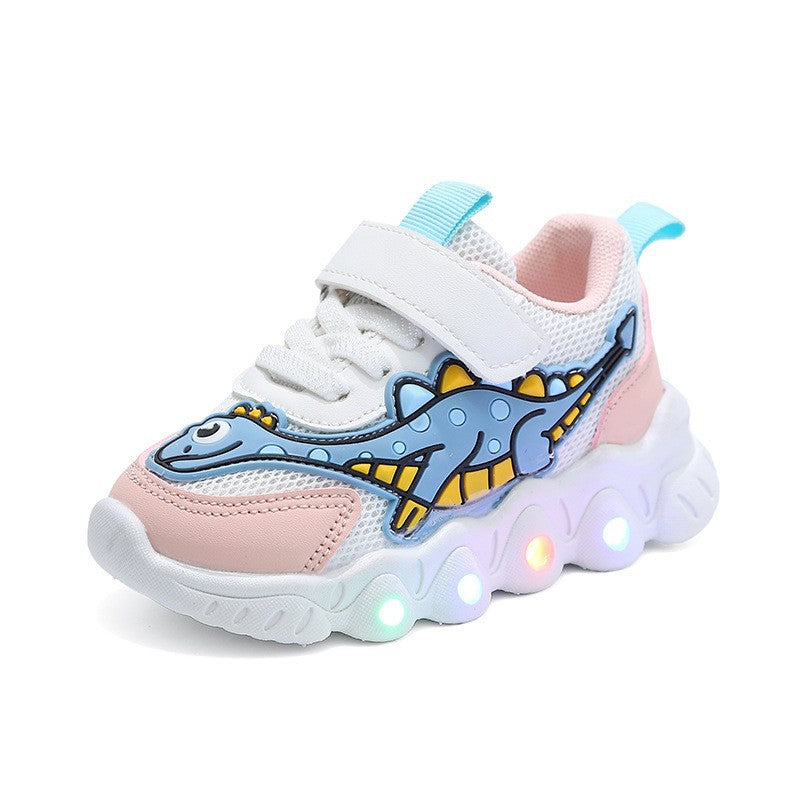 spring new cartoon dinosaur sneakers for boys and girls - breathable mesh shoes for toddlers and young children - light-up shoes