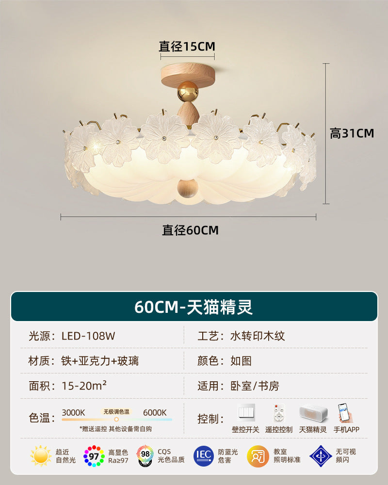 French retro embossed glass flower round ceiling light - walnut wood, soft light, cream style - perfect for kids' rooms and bedrooms