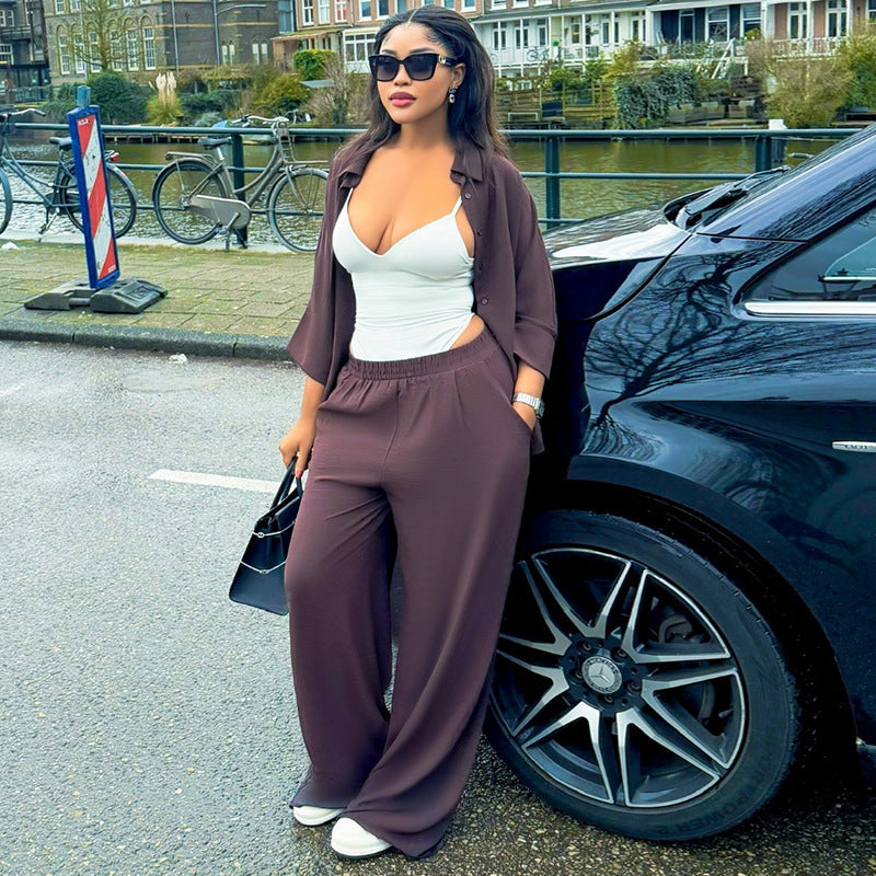 European and american cross-border women's fashion:  summer new collection - stylish turn-down collar loose-fit shirt top and wide-leg pants casual set