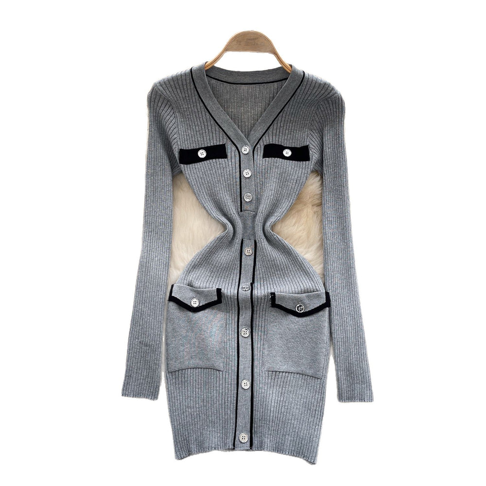 Xiaoxiangfengclassyfashionablecontrast color button design v neck waist slimming lookelegantlong sleevesknittingdress women