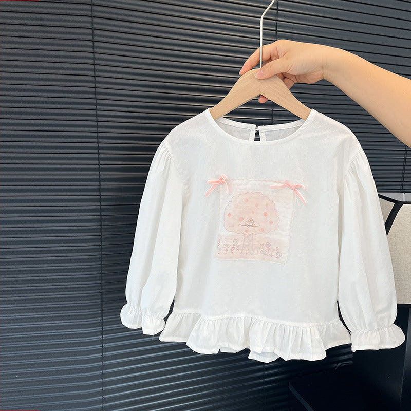 Baby girl's stylish and adorable cartoon shirt top, girls' spring and autumn wear, korean style, skin-friendly pure cotton doll shirt, trendy