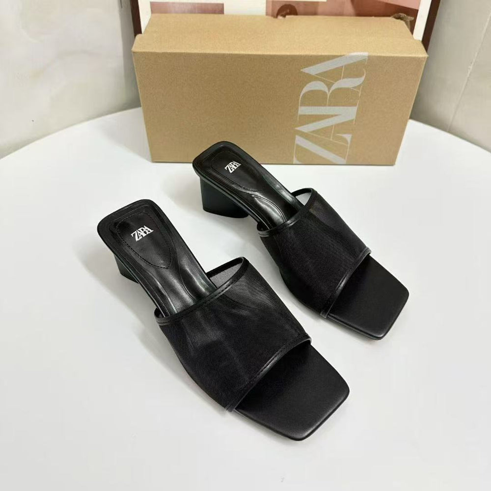 Za2025new arrival french beautiful square toe mesh open toe flip-flops summer outwear non-tiring high-heeled sandals