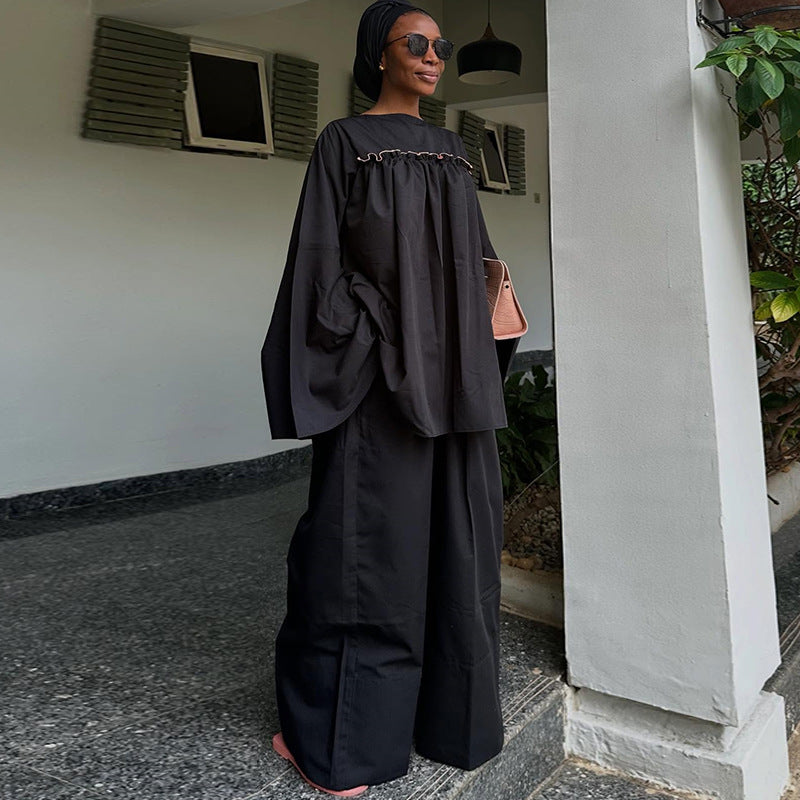 European and american cross-border women's fashion:  autumn new collection - stylish round neck, loose fit, striped long sleeve top and wide leg pants set