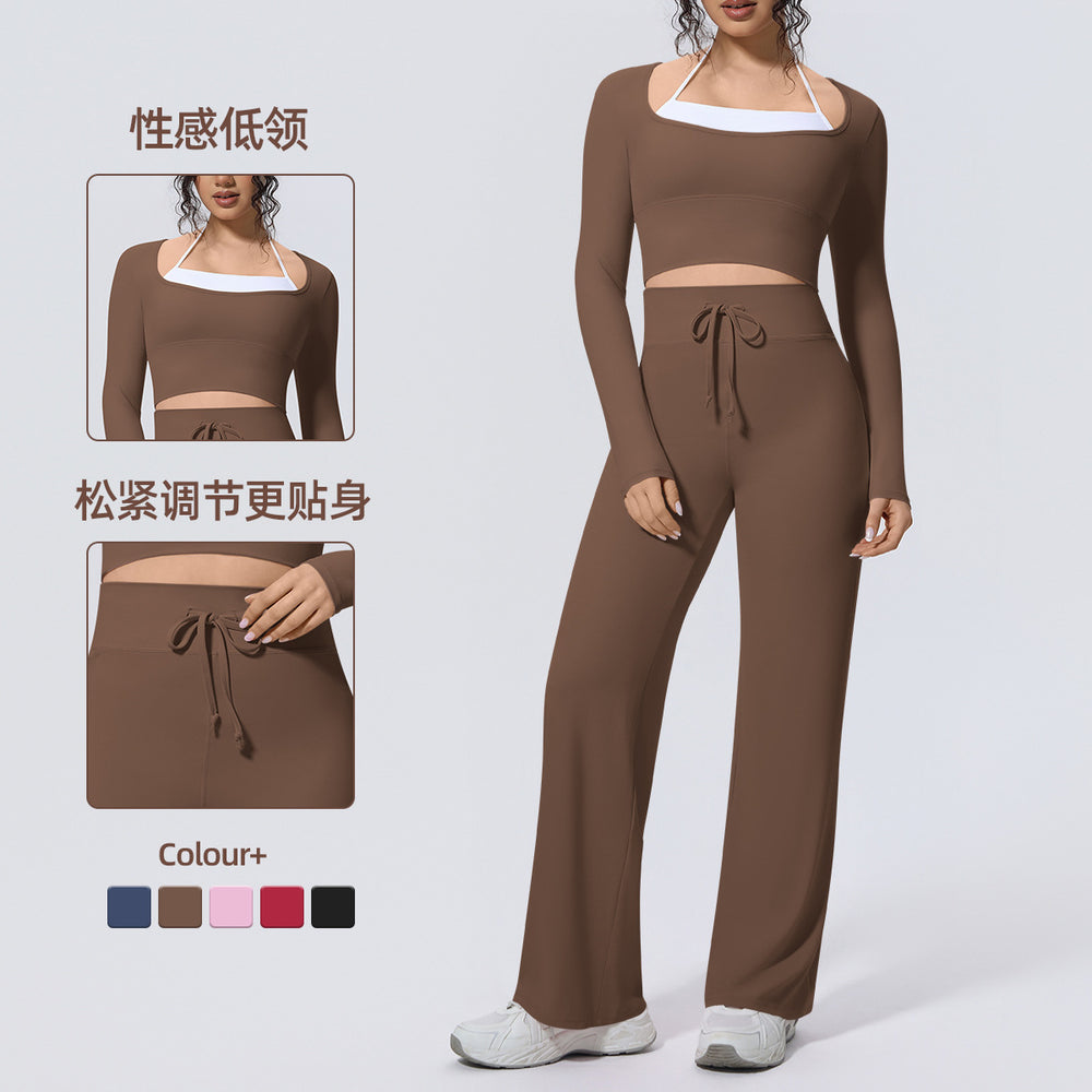 pure color double-piece nude tight high-elastic fake two-piece yoga suit sports running fitness two-piece set for women