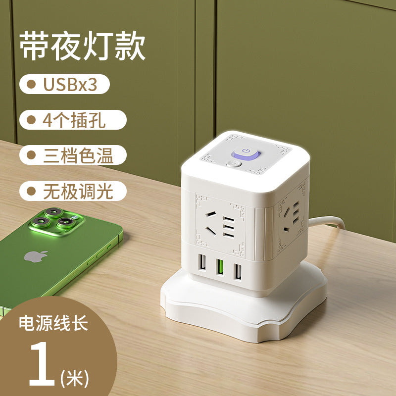 Multi-outlet vertical power strip with usb ports, multifunctional home & office power strip, cube power strip with cord management, desktop night light