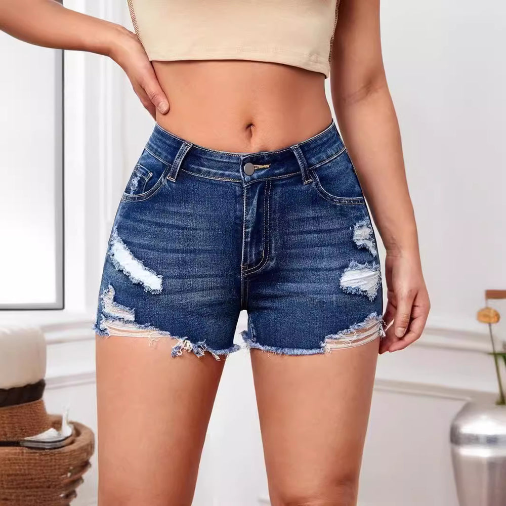 European and american style versatile distressed frayed hem women's denim shorts - new arrival, chic commute, high-waisted, slimming jeans