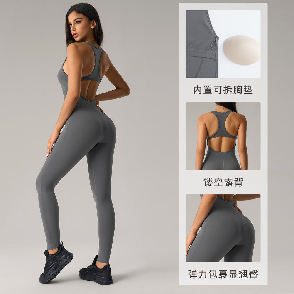 fashion nude back yoga jumpsuit with breast pad and elastic peach butt lifting yoga fitness pants dlt007