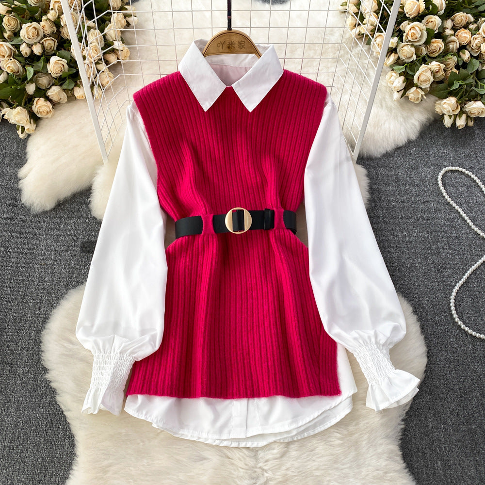 Autumn/winter korean chic socialite style lantern sleeve loose mid-length white shirt knitted vest two-piece set