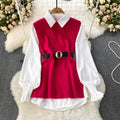 Autumn/winter korean chic socialite style lantern sleeve loose mid-length white shirt knitted vest two-piece set