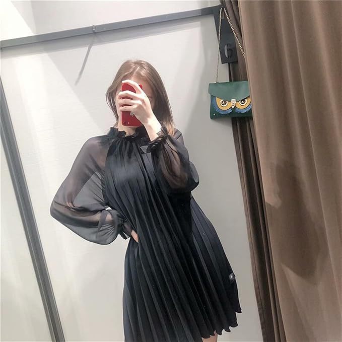 European and american style women's fashion:  autumn new arrival - solid color long sleeve stand collar loose pleated dress