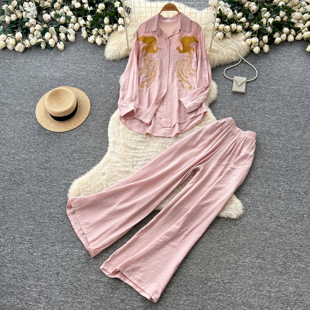 Lazy style pink embroidershirtloose pantstwo-piece setfemaleautumwork clothingslimming lookelegantsuitcasual