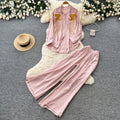 Lazy style pink embroidershirtloose pantstwo-piece setfemaleautumwork clothingslimming lookelegantsuitcasual