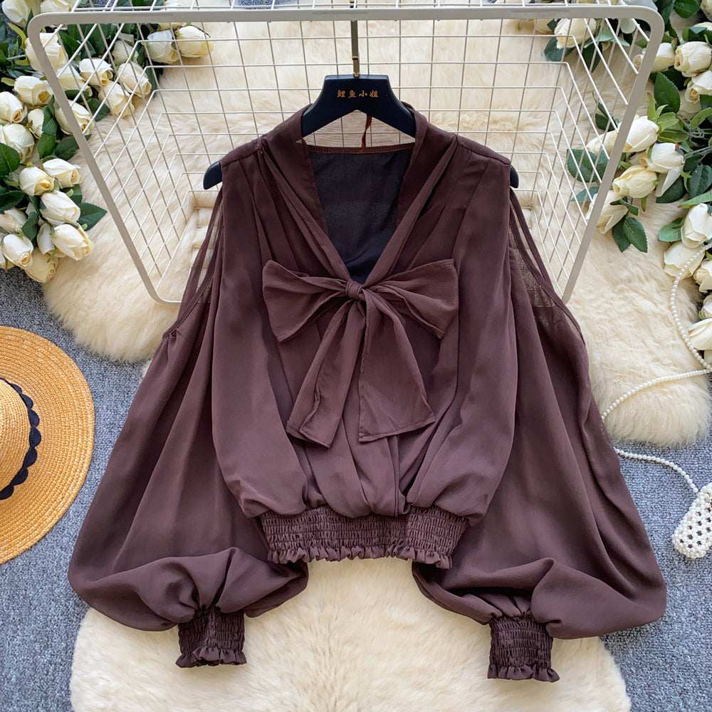 French sweet style bow tie v-neck blouse - women's long sleeve loose fit commute chic top - autumn  collection