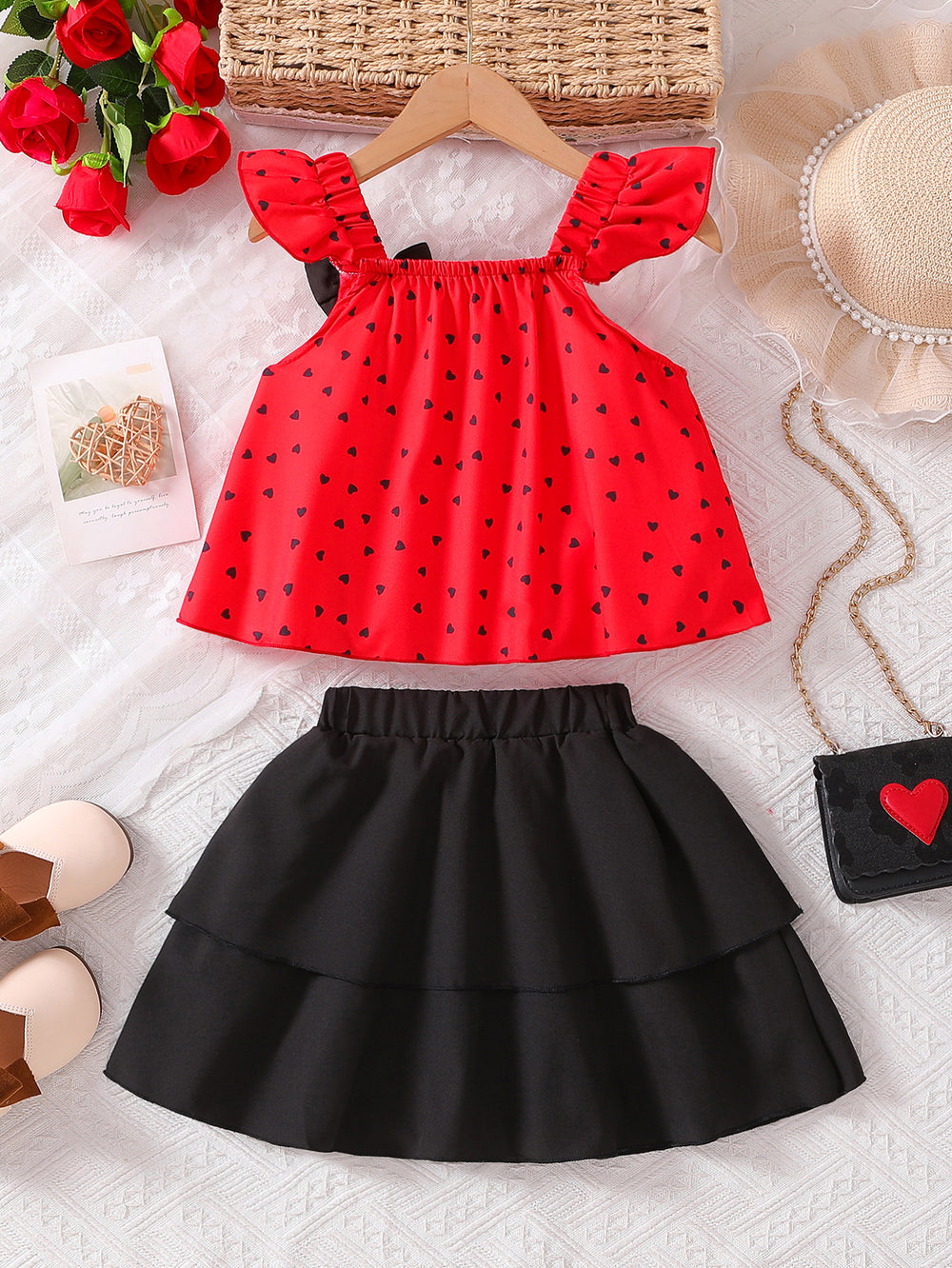 Girls' export dress set: red polka dot flutter sleeve top with bow detail and black midi skirt - two-piece outfit for kids