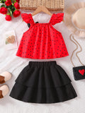 Girls' export dress set: red polka dot flutter sleeve top with bow detail and black midi skirt - two-piece outfit for kids