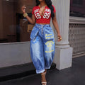 Fashionjeans women's diagonal zipper stylishembroider cross large patch pocket bloomers distressed loosepants