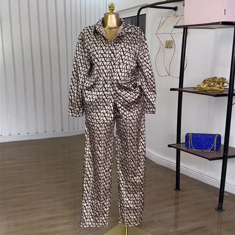European and american cross-border women's fashion:  autumn new collection - trendy printed oversized long-sleeve shirt and wide-leg pants casual set