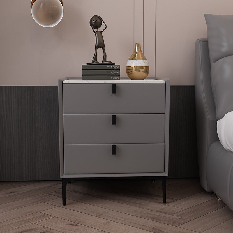 Ready-to-ship, modern, minimalist faux leather bedside table with three drawers, italian-style high-end, popular bedroom solid wood nightstand