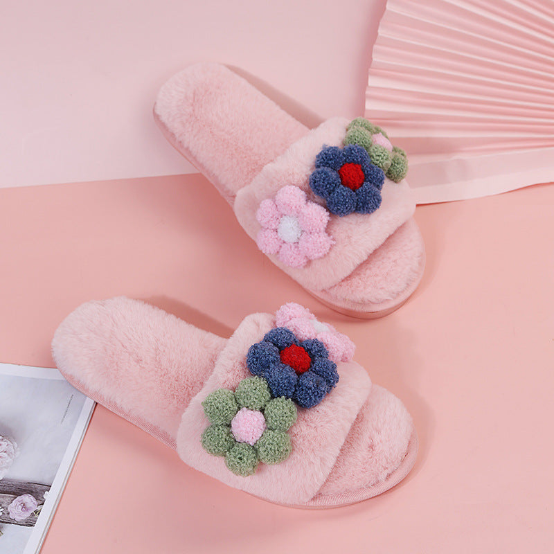 plus size women's shoes flats colorful flowers furry slippers women's open toe k-style one-piece outwear slippers trendy dropshipping