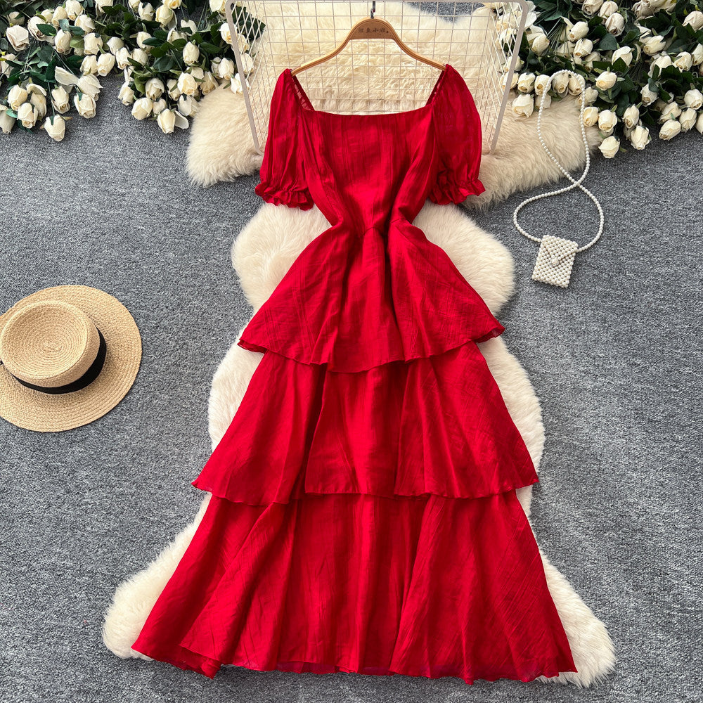 French holiday style puff sleeve square neck dress women's summer pleated waist slimming look layered ruffles cake skirt