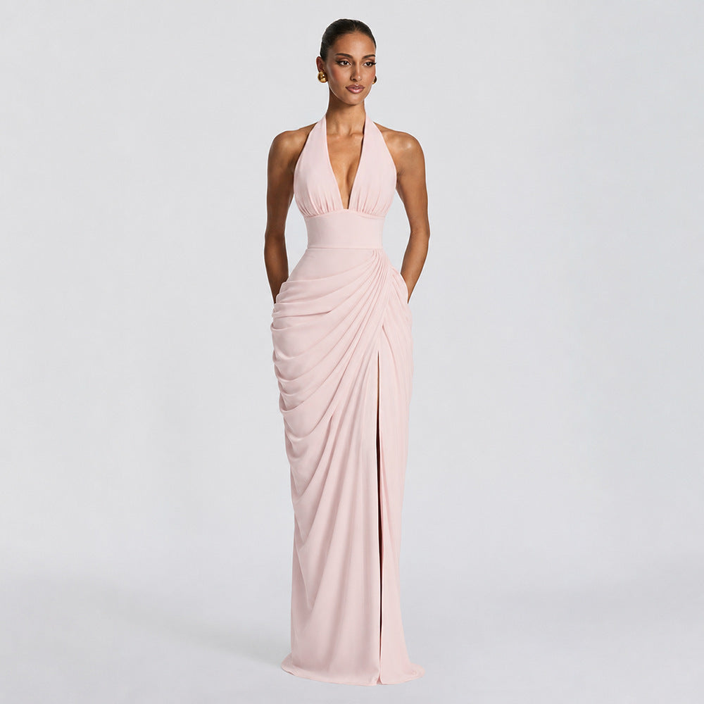 Amazon  new arrival: halter neck v-neck sexy bodycon dress - vertical pleated tie-up backless slit dress for women