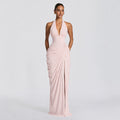 Amazon  new arrival: halter neck v-neck sexy bodycon dress - vertical pleated tie-up backless slit dress for women