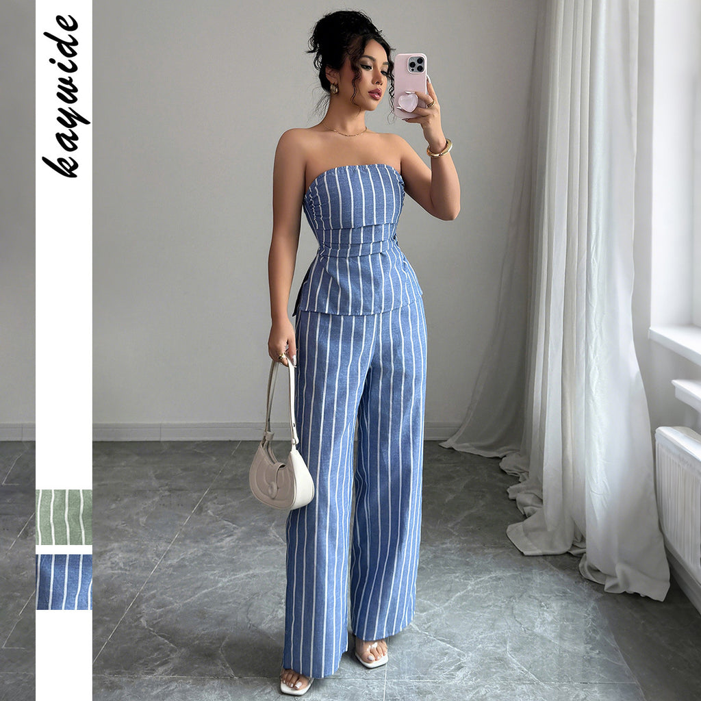 Cross-border fashion elegant tube top striped trousers two-piece suit women's clothing 2025 spring and summer  non-ironing and comfortable