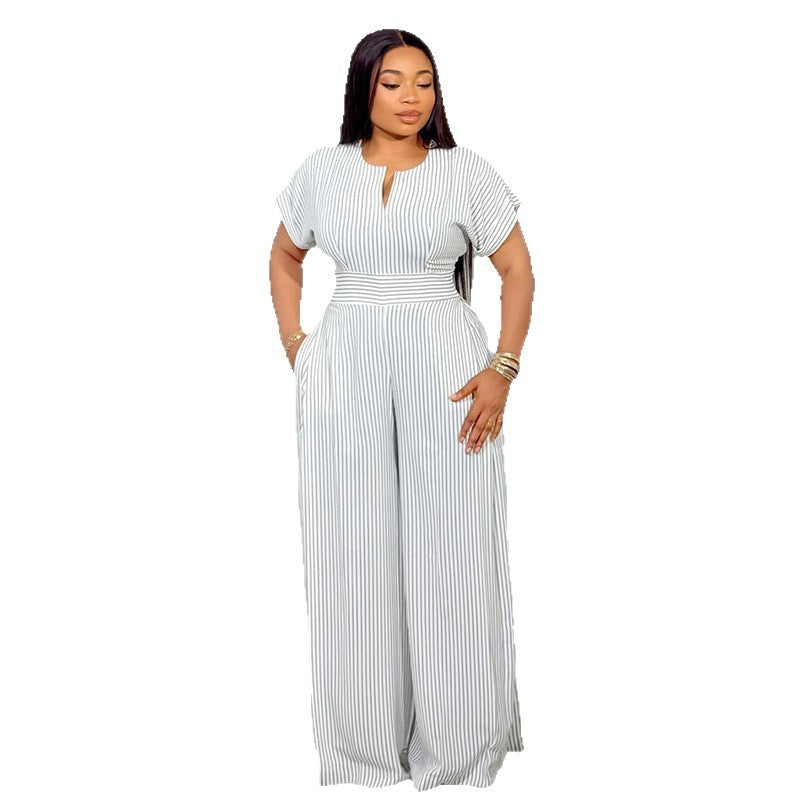 European and american women's clothing  autumn new sweet and fresh striped v-neck batwing sleeve high-waisted wide-leg jumpsuit