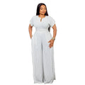 European and american women's clothing  autumn new sweet and fresh striped v-neck batwing sleeve high-waisted wide-leg jumpsuit