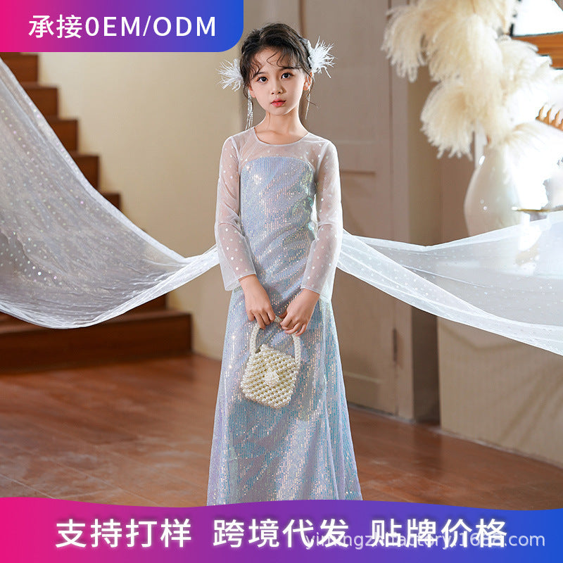 Amazon foreign trade custom girls' dress with cape, ribbon streamers, long sleeves, elsa princess dress, frozen new arrival