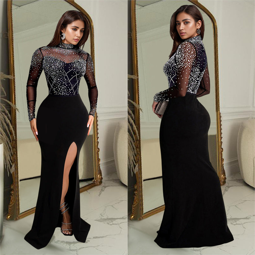 C7045 cross-border   independent station fashionable women's hot diamond slit long dress new