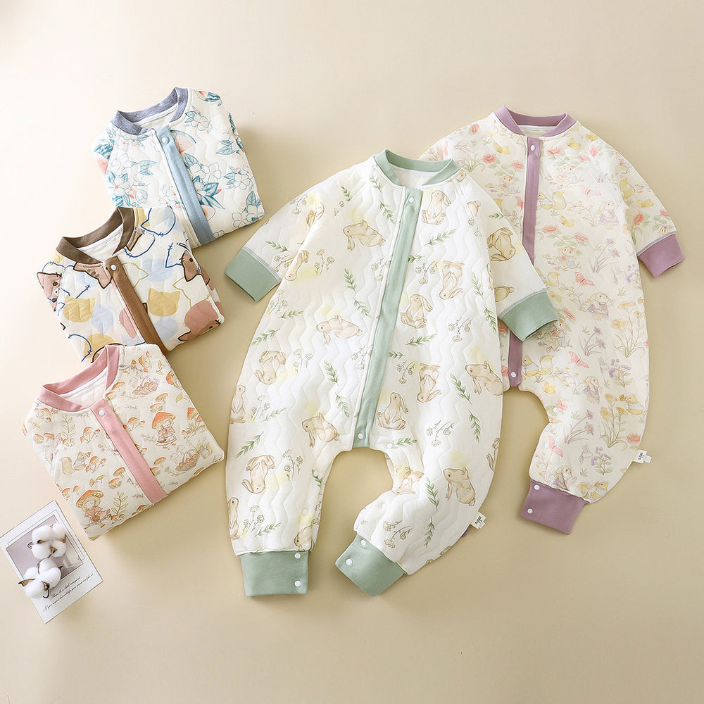 Baby three-layer quilted type a boneless sleeping bag baby pure cotton pure cotton anti-kick quilt sleeping bag pajamas home clothes split legs