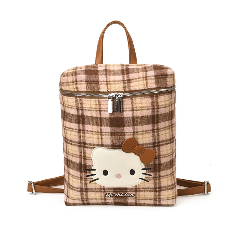 2026 new korean style cartoon cat shoulder & crossbody bag - women's unique design, cute & versatile plaid tote backpack