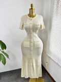 Export women's french tweed style elegance celebrity silm short-sleeved knittingdress beaded fishtail mid-length skirt