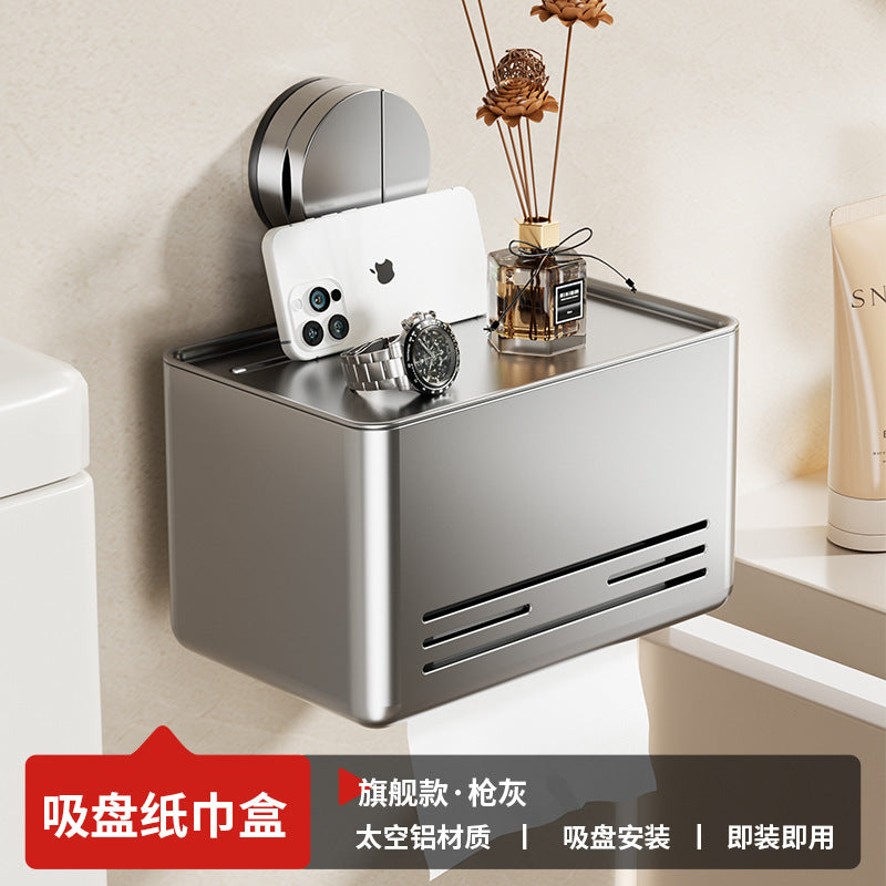 Bathroom suction cup tissue box wall mount - no drilling required - toilet paper holder for roll and sheet tissue - storage rack