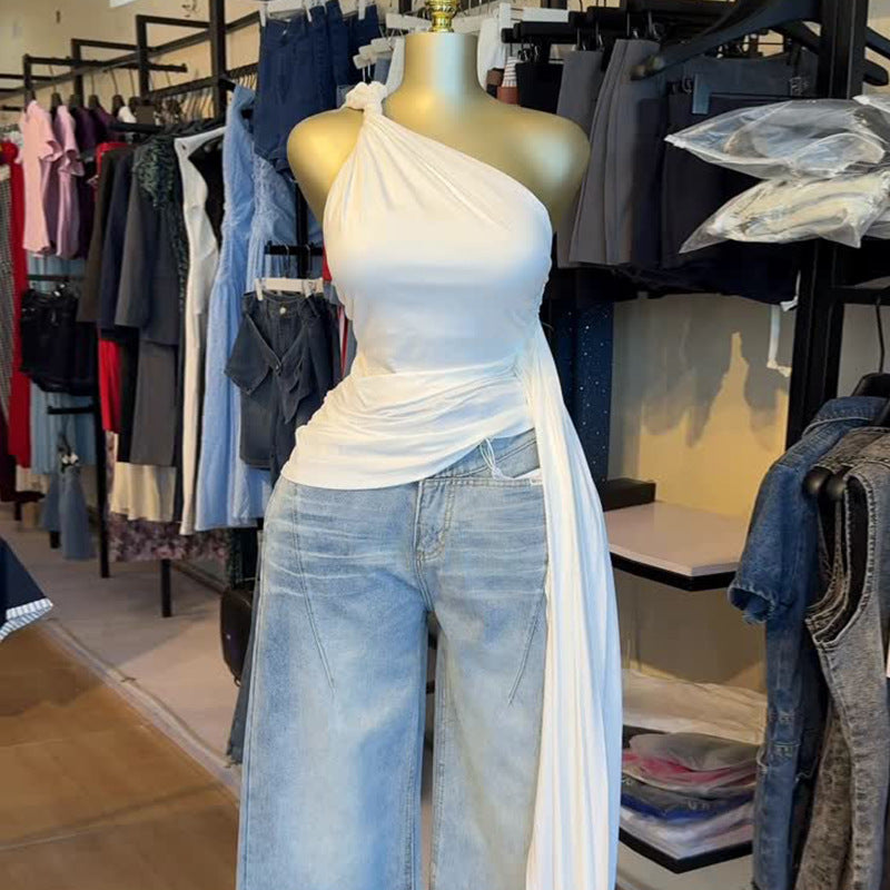 European and american cross-border women's fashion:  spring new arrival - elegant asymmetrical off-shoulder slim-fit white camisole top