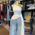 European and american cross-border women's fashion:  spring new arrival - elegant asymmetrical off-shoulder slim-fit white camisole top