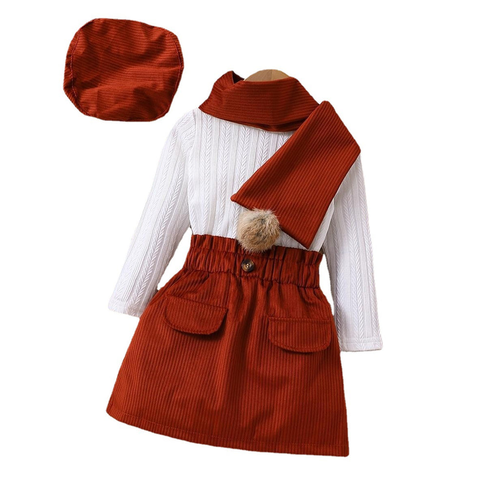 European and american cross-border children's fashion long-sleeved dress set with pom-pom scarf + beret 4-piece outfit