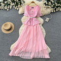 Xiaoxiangfeng pink socialite style lacedress female summerk-stylev neck waist pleated long skirt eleganceslimming look