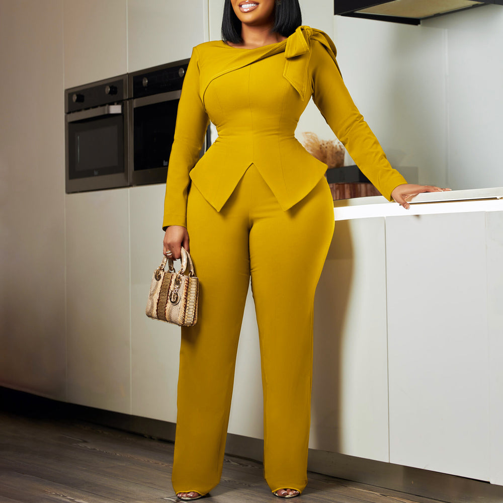 D546  fashion women's winter new arrival: stylish and elegant solid color long sleeve top and pants african print set