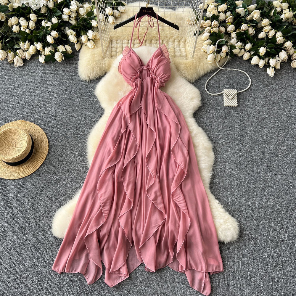 Sweet and spicy girl's vacation dress - beach cover-up, sexy v-neck halter, high-waisted ruffle hem, open back maxi dress