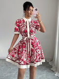 cross-border printed short-sleeve dress - women's tie-waist, single-breasted, mid-length shirt dress