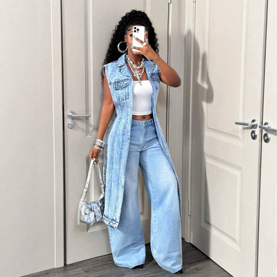 In-stock - 16380#  cross-border fashionable european and american style asymmetrical casual women's denim vest