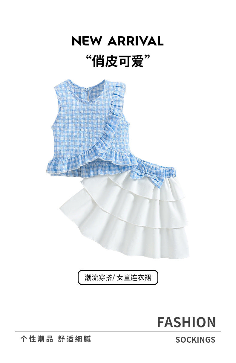 summer girls' skirt set: blue and white plaid sleeveless ruffle top with white tiered skirt - two-piece outfit for kids